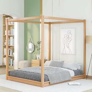 Brown Wood Frame Queen Size Canopy Platform Bed with Support Legs