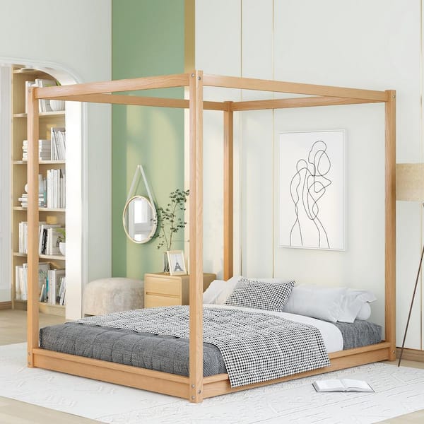 Polibi Brown Wood Frame Queen Size Canopy Platform Bed with Support Legs