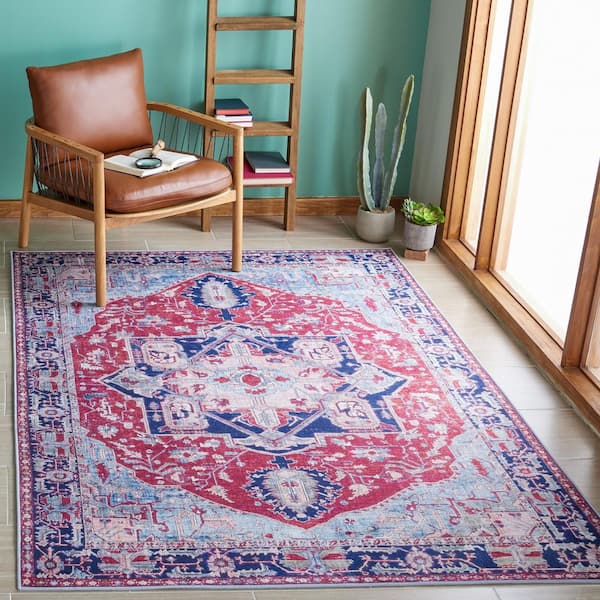 Tuscon Red/Navy 4 ft. x 4 ft. Machine Washable Border Floral Medallion Square Area Rug