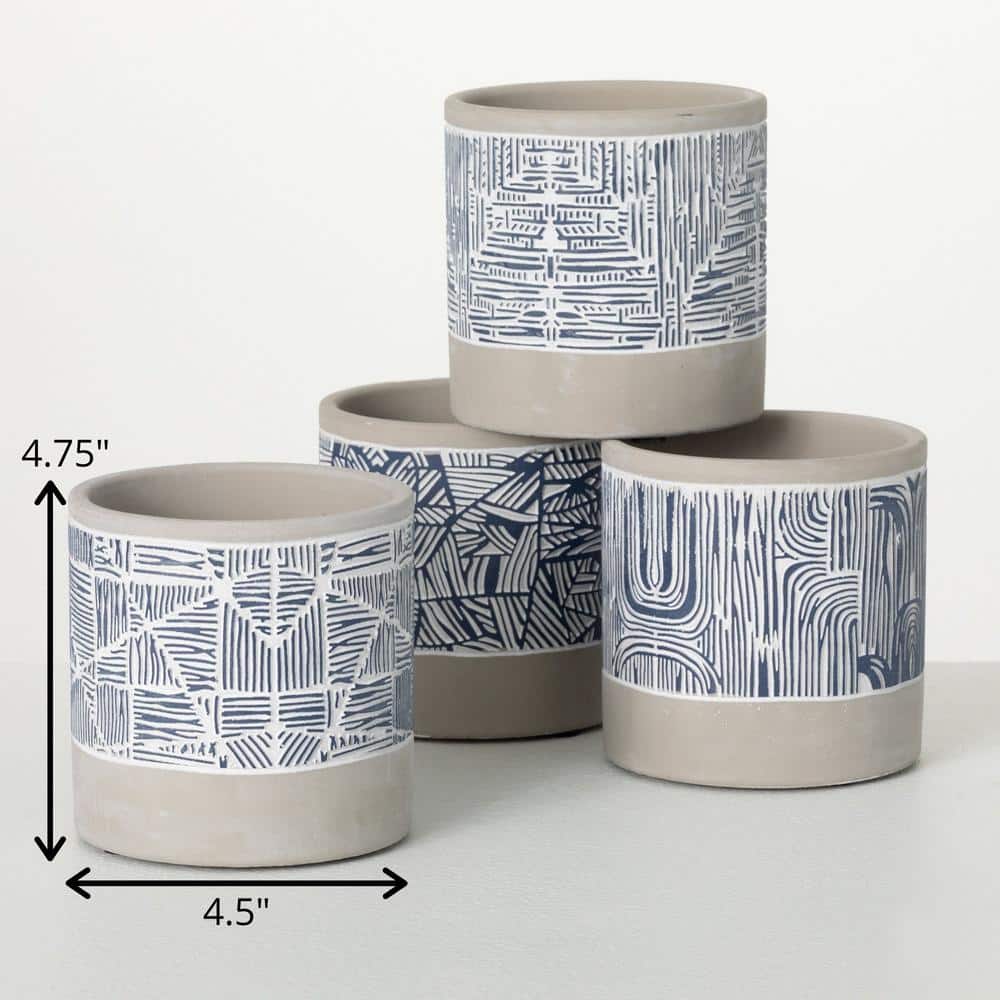 10.5" Gray and Blue Abstract Cement Planter Set