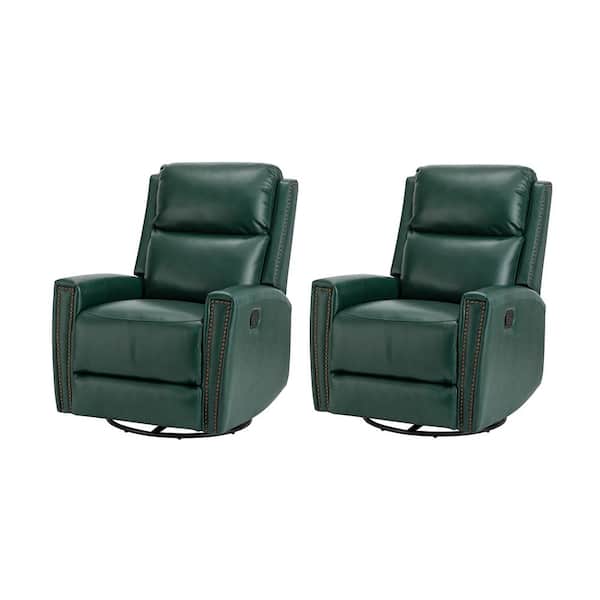 JAYDEN CREATION Regina 30.31 in. Wide Green Genuine Leather Swivel Rocker Recliner with Nailhead Trims (Set of 2)
