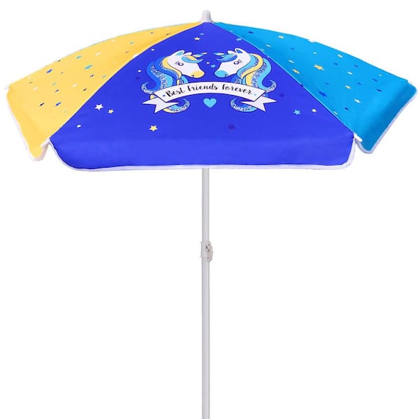 Angel Sar 3.87 ft. Steel Beach Umbrella in Blue and Yellow with Adjustable Height for Sand and Water Table