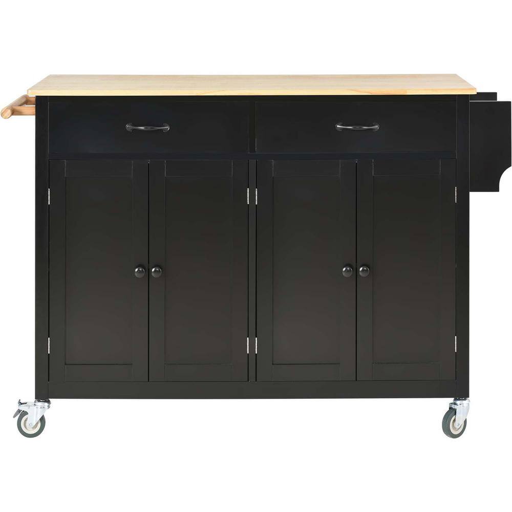 Black Wood Kitchen Island Cart with 2Drawers and Locking Wheels