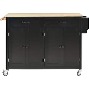 Black Wood Kitchen Island Cart with 2-Drawers and Locking Wheels