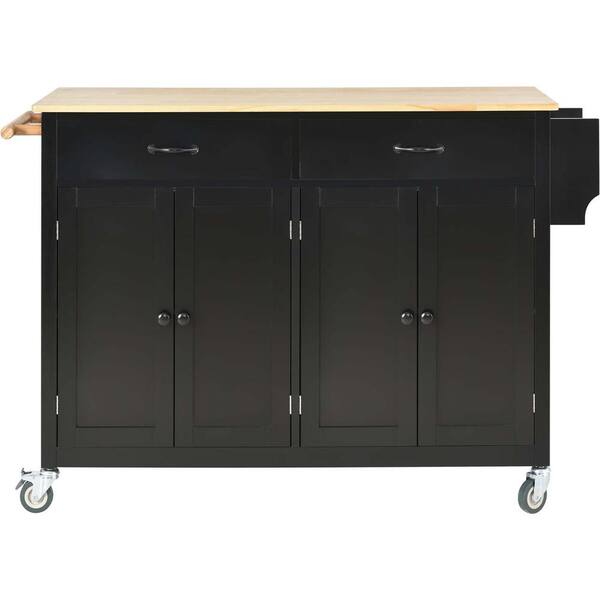 Black Wood Kitchen Island Cart with 2Drawers and Locking Wheels