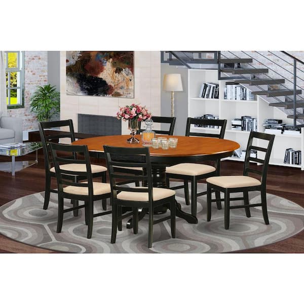 7-Piece Oval Black & Cherry Finish Solid Wood Top Dining Table with 6-Chairs with Lattice Back
