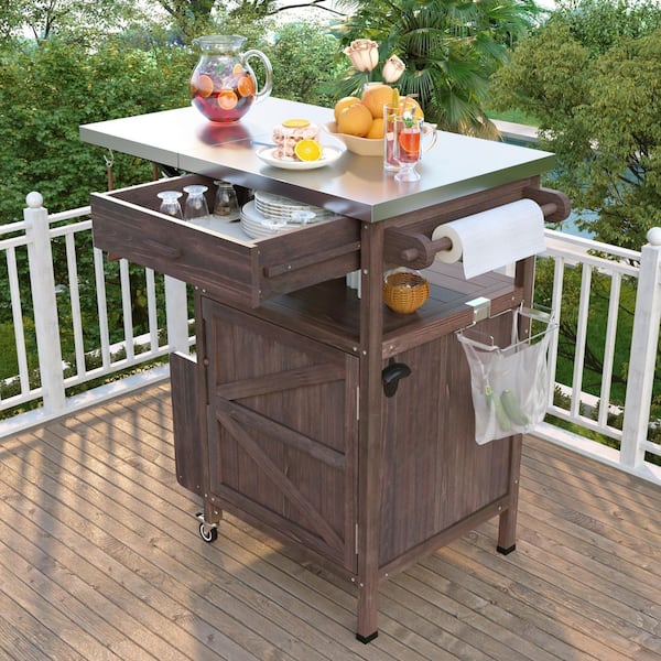 Ziyudura Brown 40.5 in. Kitchen Island with Drop Leaf, Stainless