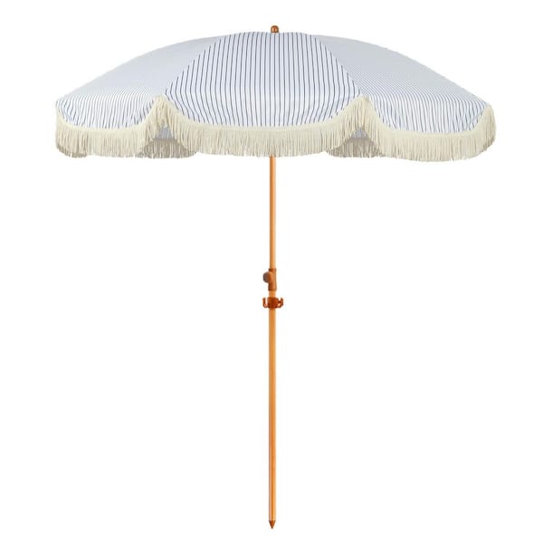 6.5 ft. Fringe Beach Umbrella in Blue White with Hanging Hook and Tilting Aluminum Pole, Patio Umbrella with Fringe