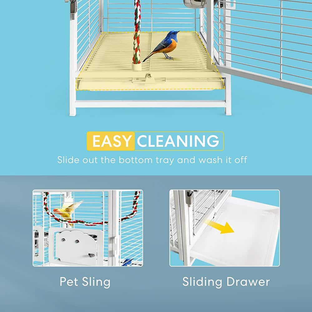 White Wrought Iron Bird Travel Carrier Cage with Wooden Perch