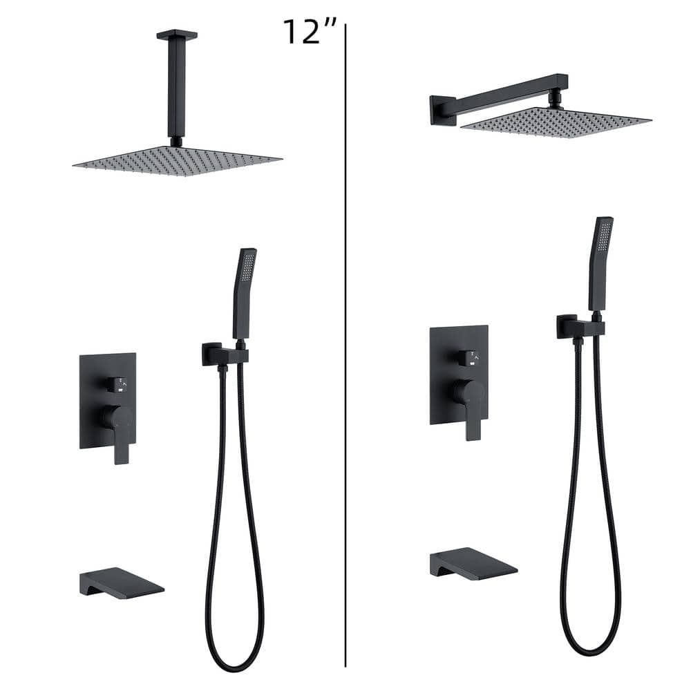 YASINU Single Handle 1Spray Rain 12 in. Square Bathroom Tub and Shower Faucet in Matte Black