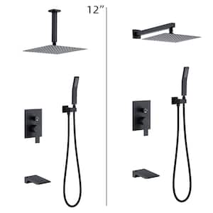 Single Handle 1-Spray Rain 12 in. Square Bathroom Tub and Shower Faucet in Matte Black (Valve Included)