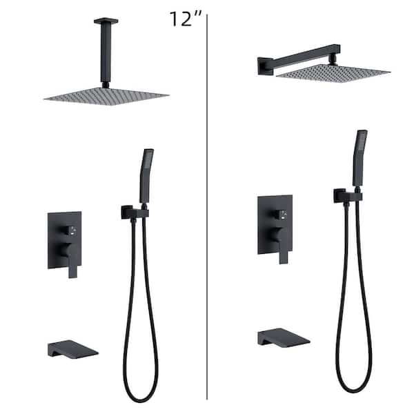 YASINU Single Handle 1-Spray Rain 12 in. Square Bathroom Tub and Shower Faucet in Matte Black (Valve Included)