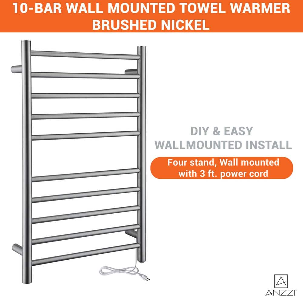 Brushed Nickel 10-Bar Wall Mounted Towel Warmer