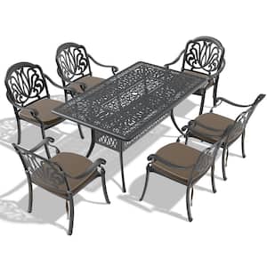 Elizabeth 7-Piece Cast Aluminum Outdoor Dining Set with 58.27 in. x 34.65 in. Rectangular Table & Random Color Cushions