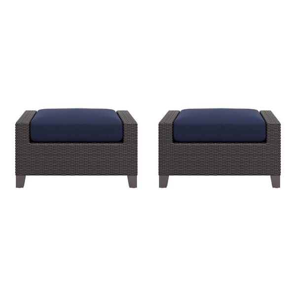Benjara Patio Grey and Blue Metal Skye Ottoman with Cushion (Set of 2)