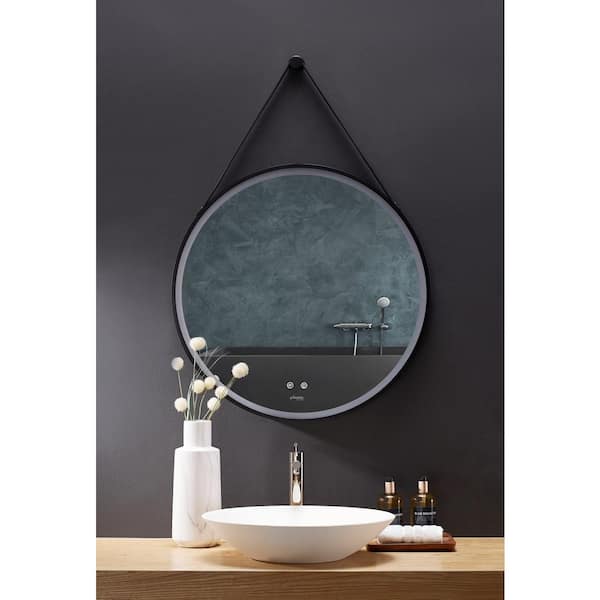 Ancerre Designs Sangle 24 in. Round LED Black Framed Mirror with Defogger and Vegan Leather Strap
