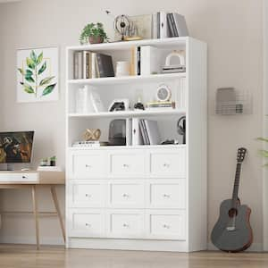 Wood Standard Bookcase with 9-Drawers, White Wood Material 3-Tier Bookcase, Storage Cabinet with Open Bookshelf