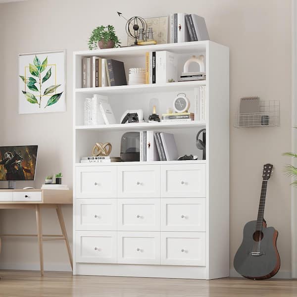 FUFU&GAGA 70.8 in. H Wood Standard Bookcase with 9-Drawers White Wood Material 3-Tier Bookcase Storage Cabinet with Open Bookshelf
