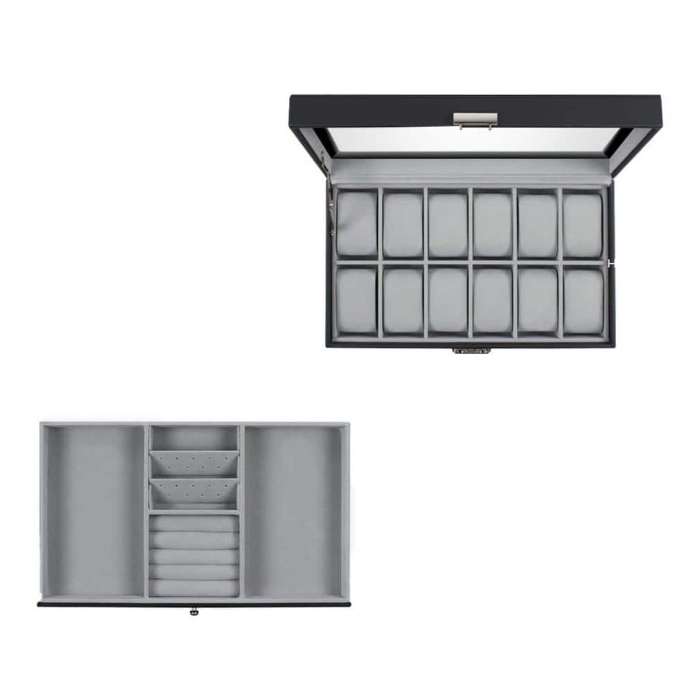 12-Slot Faux Leather Watch Box, Watch Case with Real Glass Lid and Jewelry 