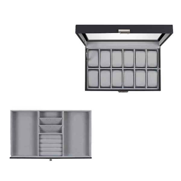 Angel Sar 12-Slot Faux Leather Watch Box, Watch Case with Real Glass Lid and Jewelry Case for Men and Women, Black and Gray
