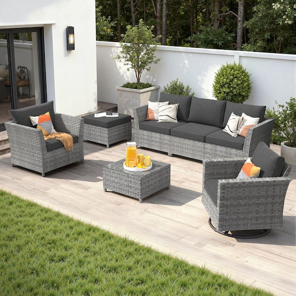Auris Gray 7-Piece Wicker Outdoor Furniture Set Patio Conversation Set with Black Cushions and Rocking Swivel Chair