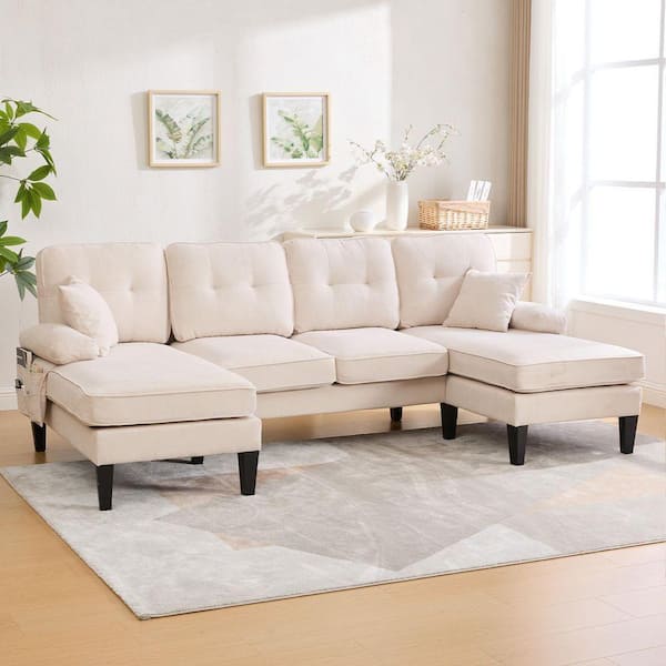 100 in. Arm 4-piece U-Shape Modern Linen Upholstered Sectional Sofa with Double Chaises and Side Pocket in Beige