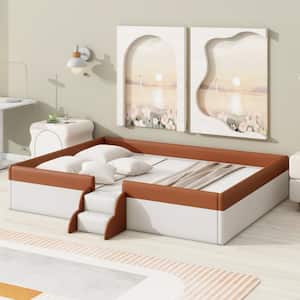 Brown and White Wood Frame Queen Size Upholstered Platform Bed with Fence and Stairs