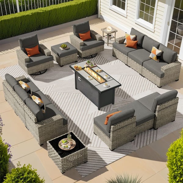 Eden Vine 15 Pieces Wicker Rectangular Fire Pit Sets and Swivel Rocking Chairs with Black Cushion