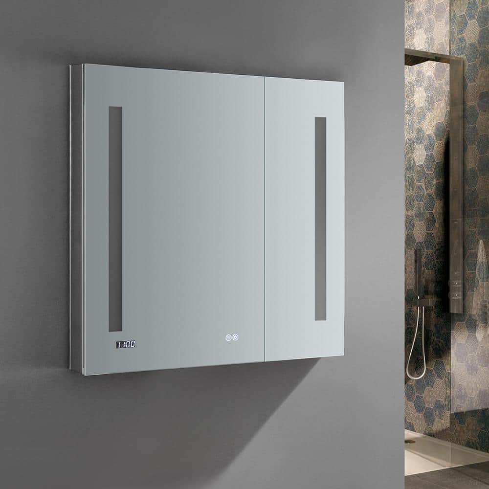 Modern 30'' Square Frameless Mirrored LED Medicine Cabinet with Clock