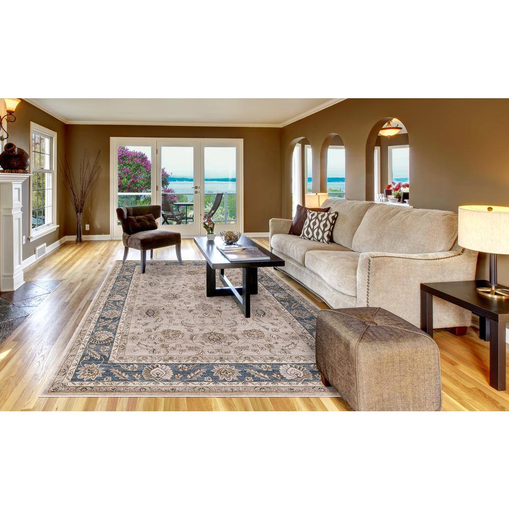 Beige and Blue Synthetic 8' x 10' Stain-Resistant Oriental Rug