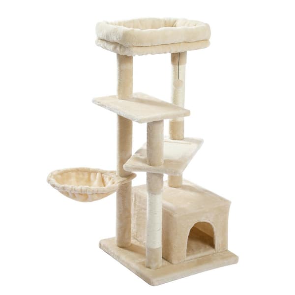Unbranded 44.1 in. H Beige Wooden Cat Tree, Multi-Level Cat Tower with Sisal Covered Scratching Posts