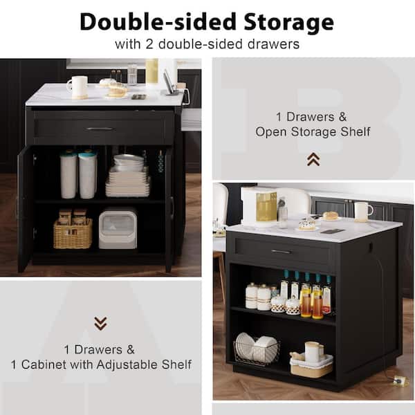 ECACAD Kitchen Island With Storage & Light Brown Top, 94.5" L Kitchen Prep Table With 2 Drawers And 3 Open Shelves, Stationary Table