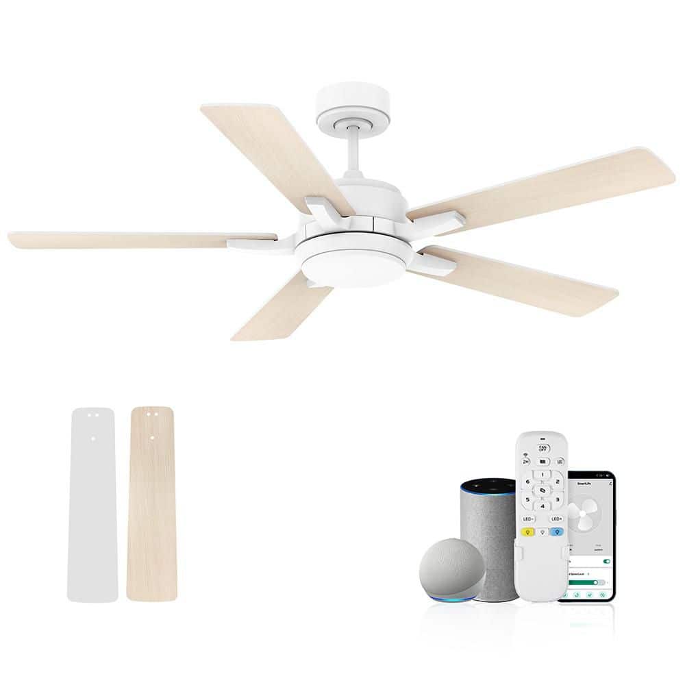 52 in.Smart Indoor/Outdoor, White/Light Wood, Quiet DC Motor, Ceiling Fans 