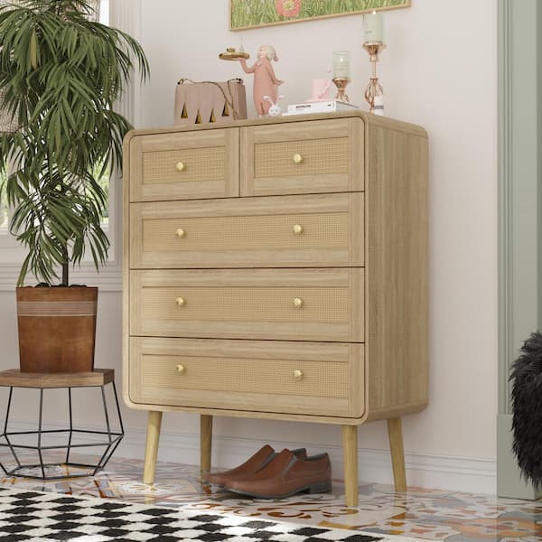 Burly Wood Grain Yellow 5-Drawers 31.5 in. W Dresser, Chest of Drawers with Rattan Weave Drawer Surface without Mirror