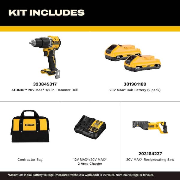 ATOMIC 20V Lithium-Ion Cordless 1/2 in. Compact Hammer Drill and Reciprocating Saw with 3.0Ah Battery, Charger and Bag
