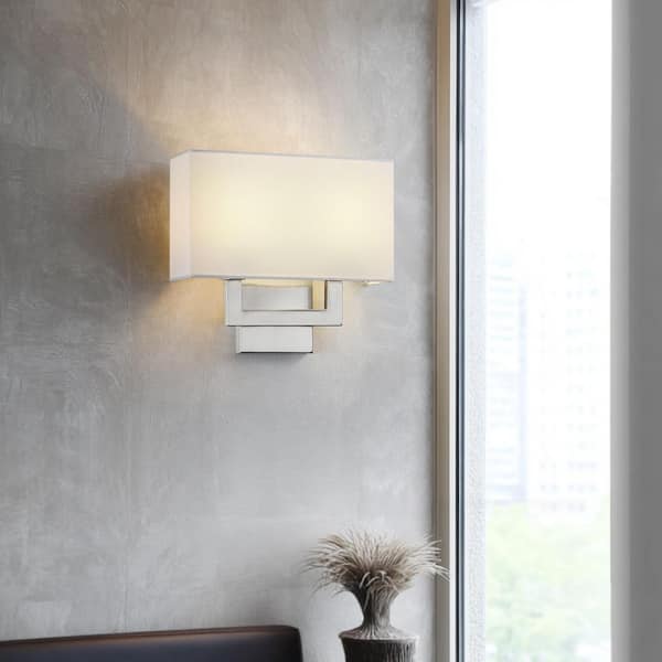 Celina 13 in. 2-Light Brushed Steel Wall Sconce Light With White Shade