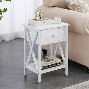 Versatile Nightstands X-Design Side End Table Night Stand Storage Shelf with 1 Bin Drawer 11.8" Wx15.8" Lx21.7" H，White