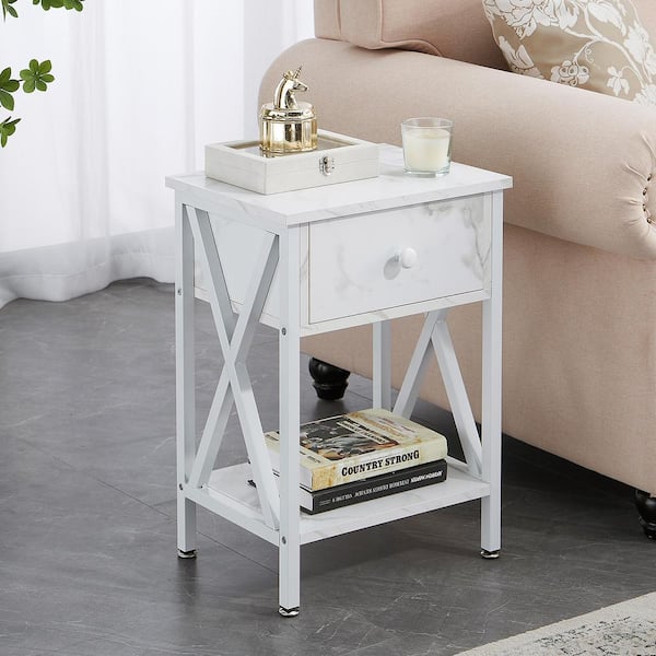 HOMCOM Modern Style Nightstand Side Table with Drawer and Storage Shelf for Bedroom or Living Room White