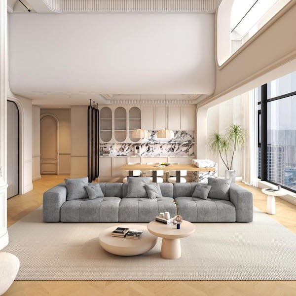 144.17 in Wide Square Arm Linen Modern Oversized Rectangle Sofa For Living Room in Gray