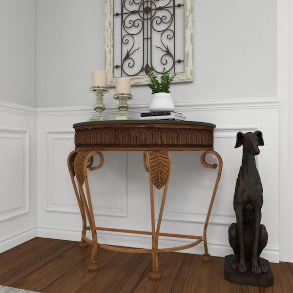 Litton Lane 41 in. Gold Extra Large Half Moon Metal Embossed Leaf Console Table with Ornate Scroll Legs