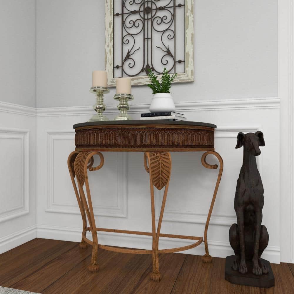 Gold Metal Demilune Console Table with Ornate Scroll Legs