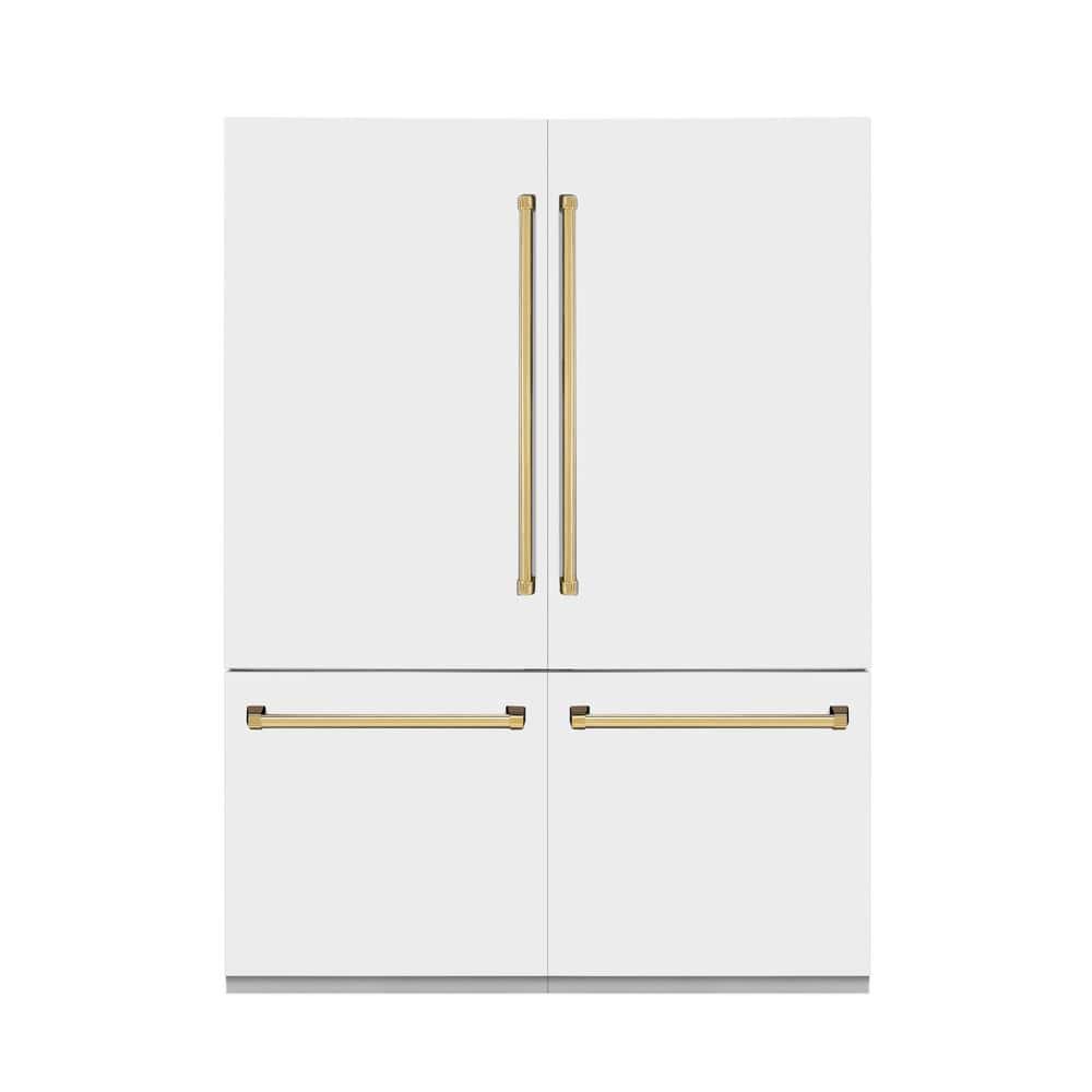 ZLINE Kitchen and Bath Autograph Edition 60 in. 4-Door French Door Refrigerator w/ Ice & Water Dispenser in White Matte & Polished Gold -  RBIVZ-WM-60-G