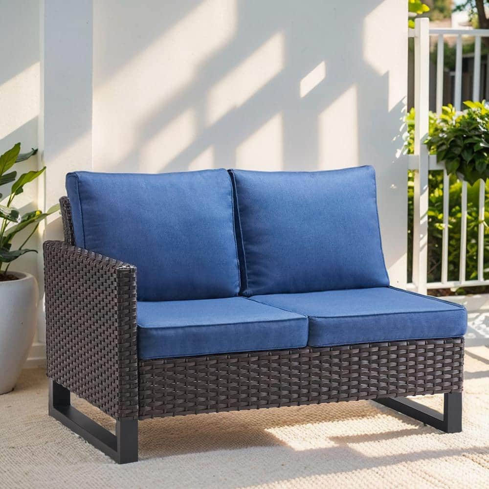 Gymojoy Valenta Brown Wicker Outdoor Loveseat with Blue Cushions GM148