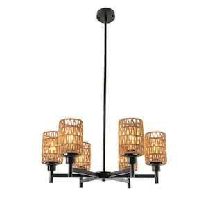 60-Watt 6-Light Black Rustic Pendant Light with Brown Hand-Woven Shade and Adjustable Height, No Bulbs Included