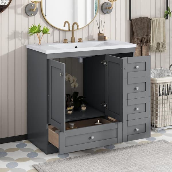 35.8 in. W x 17.9 in. D x 34.5 in. H Single Sink Freestanding Bath Vanity in Gray with White Resin Top, Soft-close Door