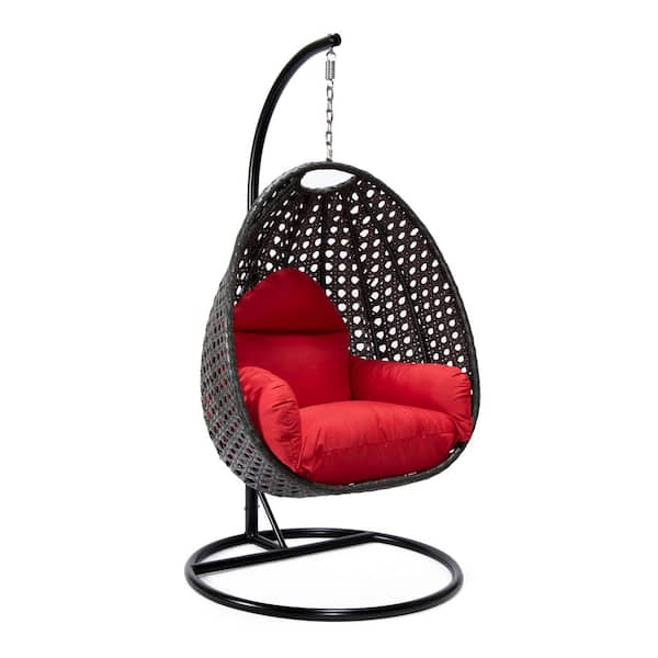 Leisuremod Charcoal Wicker Indoor Outdoor Hanging Egg Swing Chair For Bedroom and Patio with Stand and Cushion in Red