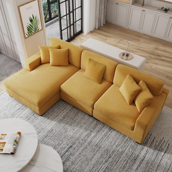 Uixe 118 in. Square Arm 3-Piece Corduroy Upholstered L-Shaped Sectional Sofa in. Orange with Pillows