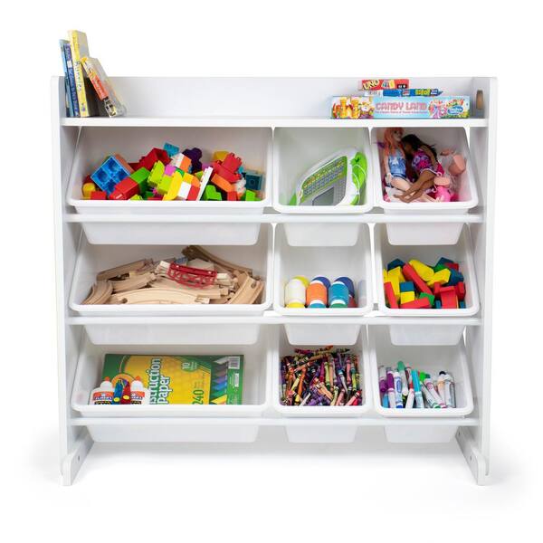 grey toy organizer with shelf and 9 storage bins