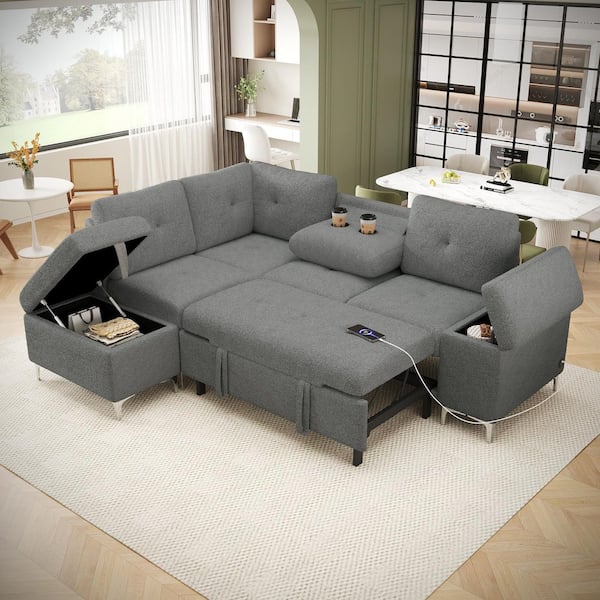 71 x 88 in. Gray Comfort Chenille Modular L-Shaped Sectional Sofa Bed with 2-Cup Holders and 2-USB Ports