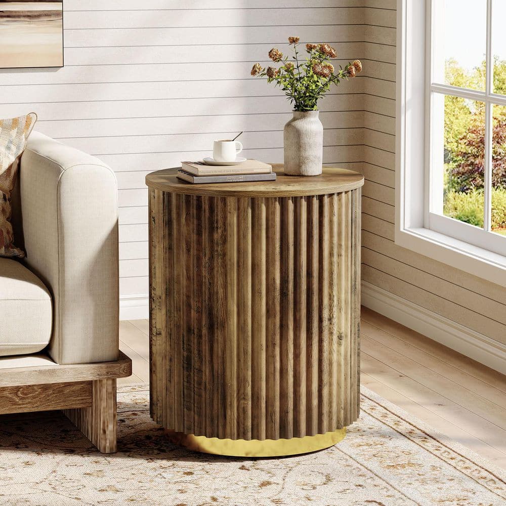 Kerlin 19.7 in. Rustic Brown Round Wood End Table with Adjustable Foot Pads for Small Spaces, Living Room, Bedroom